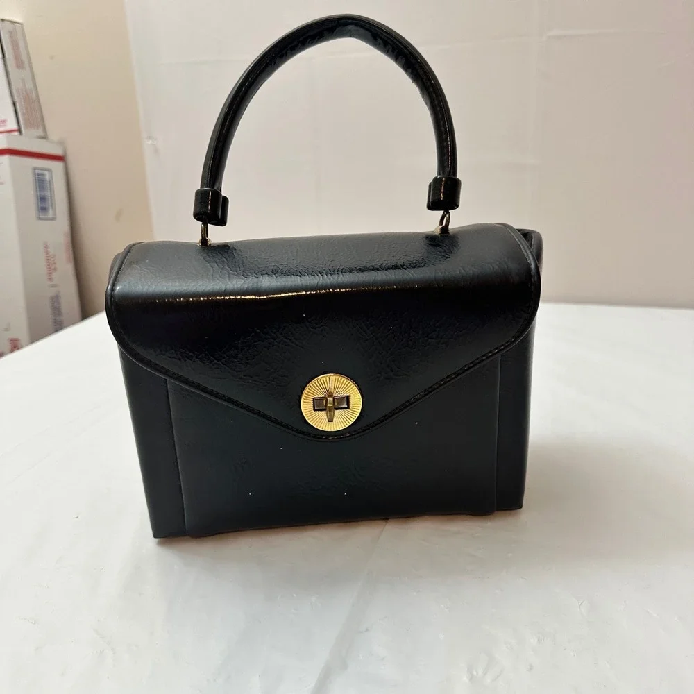 Vintage Black Faux Leather Top Handle Handbag Structured Satchel Gold Clasp‎